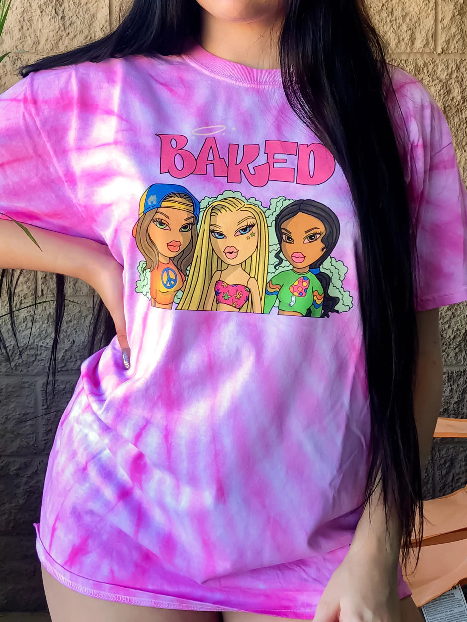 Ladies pink casual cartoon tie-dye printed T-shirt