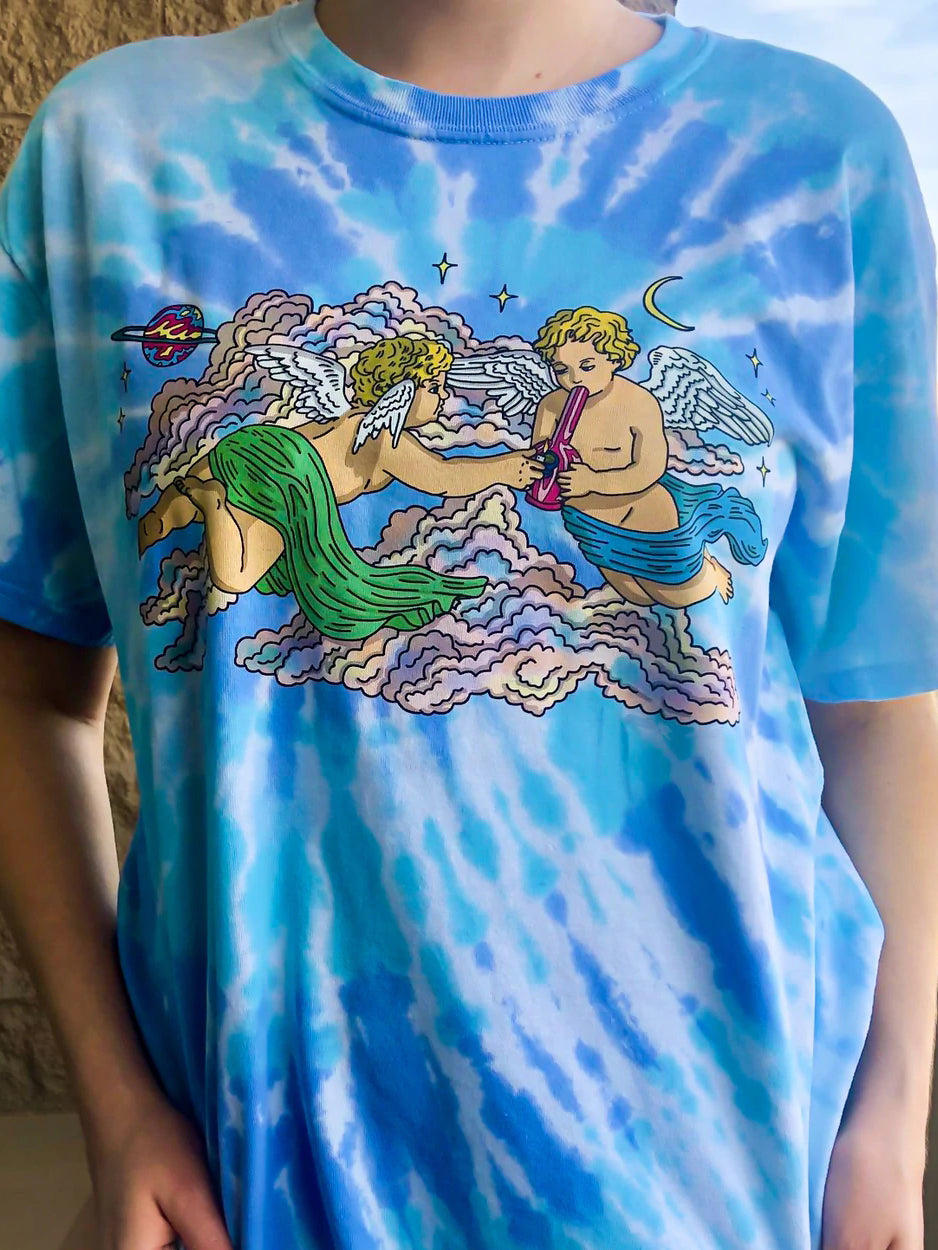 Women's blue casual angel tie-dye printed T-shirt