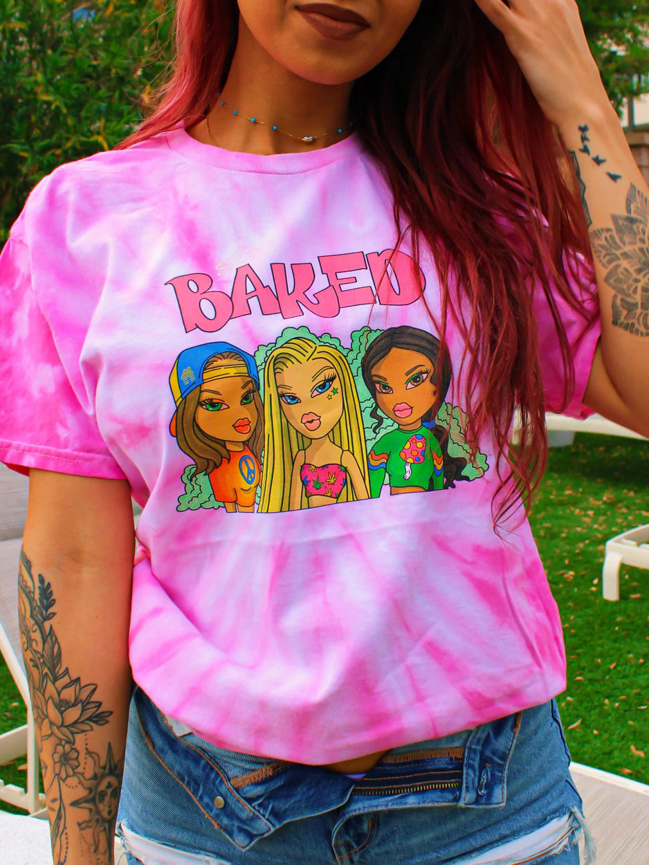 Ladies pink casual cartoon tie-dye printed T-shirt