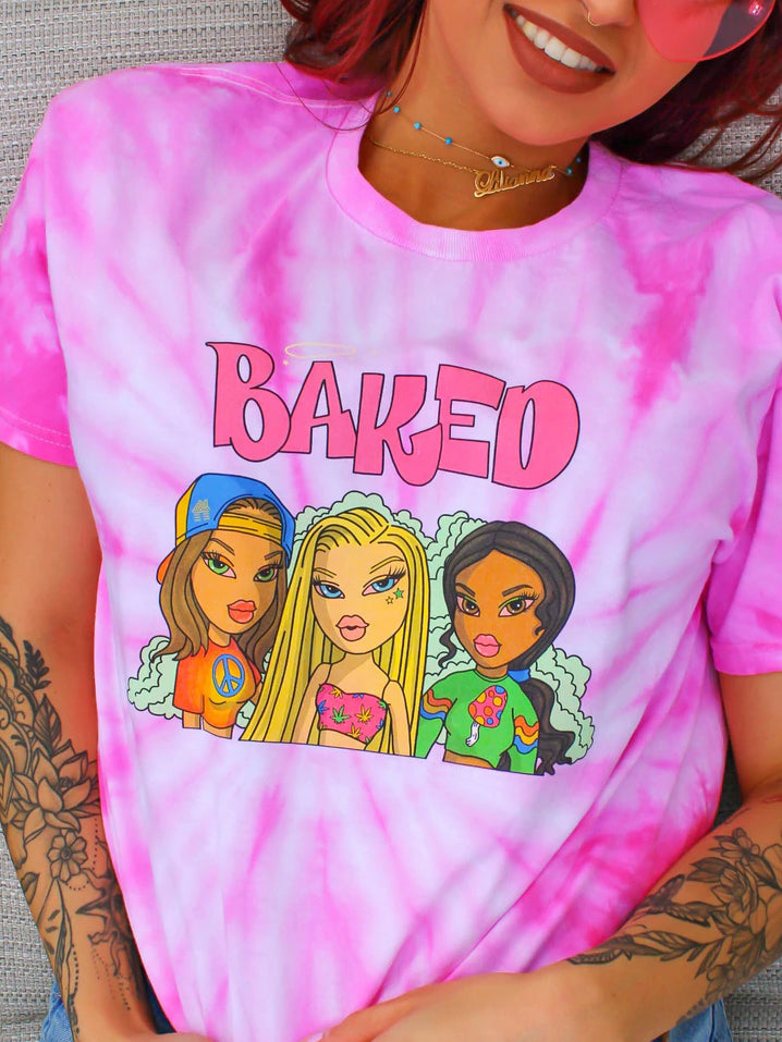 Ladies pink casual cartoon tie-dye printed T-shirt